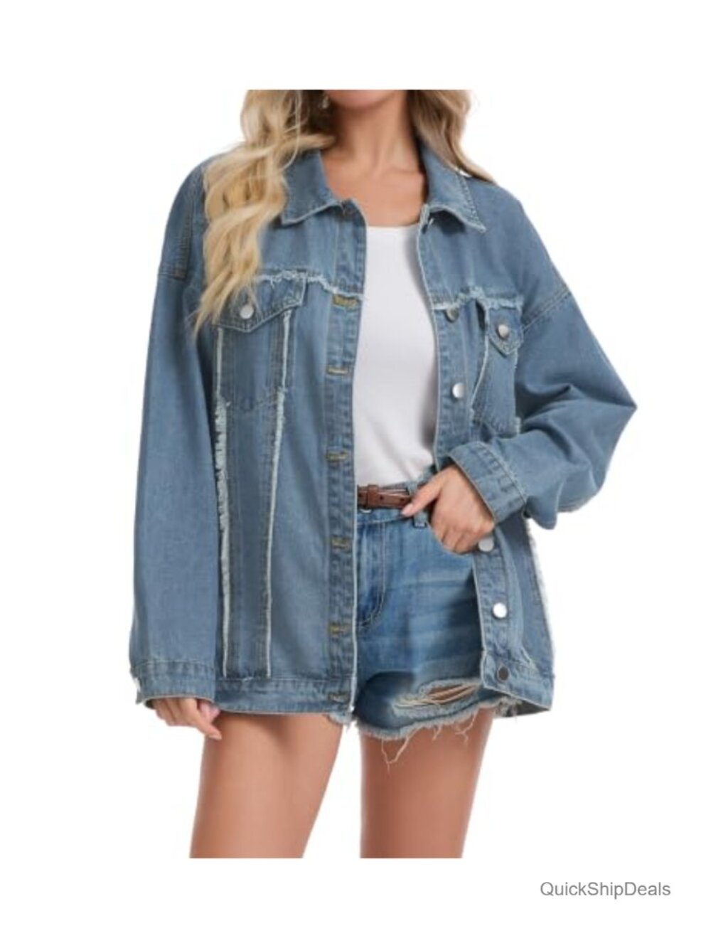 Oversized Denim Trucker Jacket Frayed Drop Shoulder Button Flap Pockets